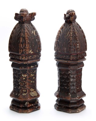 Lot 715 - A PAIR OF EARLY POLYCHROME CARVED NEWEL POSTS...