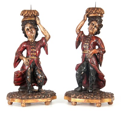 Lot 720 - A PAIR OF 18TH CENTURY ITALIAN POLYCHROME...