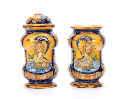 Lot 80 - A PAIR OF CASTEL DURANTE MAIOLICA ALBARELLI...