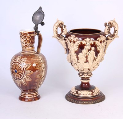 Lot 141 - A GERMAN KPM BROWN GLAZED OVOID FLAGGON WITH...