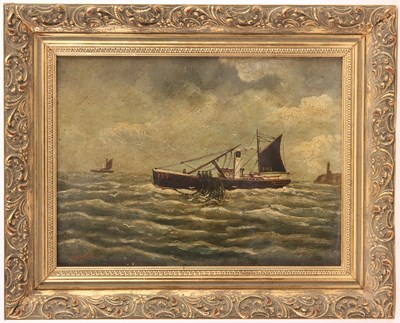 Lot 428 - P YATES - OIL ON BOARD A STEAM DRIVEN FISHING...