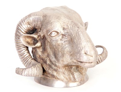 Lot 243 - A SILVERED CAST NICKEL WALL MOUNTED RAMS HEAD...