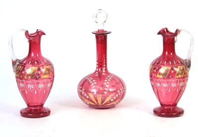 Lot 3 - A PAIR OF VICTORIAN CRANBERRY DECANTERS with...