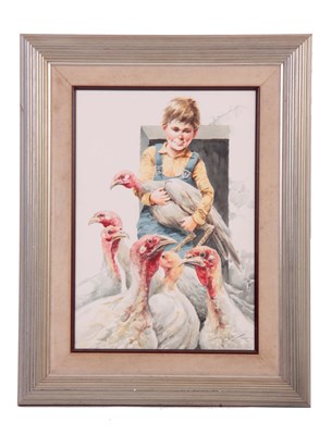 Lot 341 - JOSE CARLOS WATERCOLOUR. Boy with turkeys 49cm...