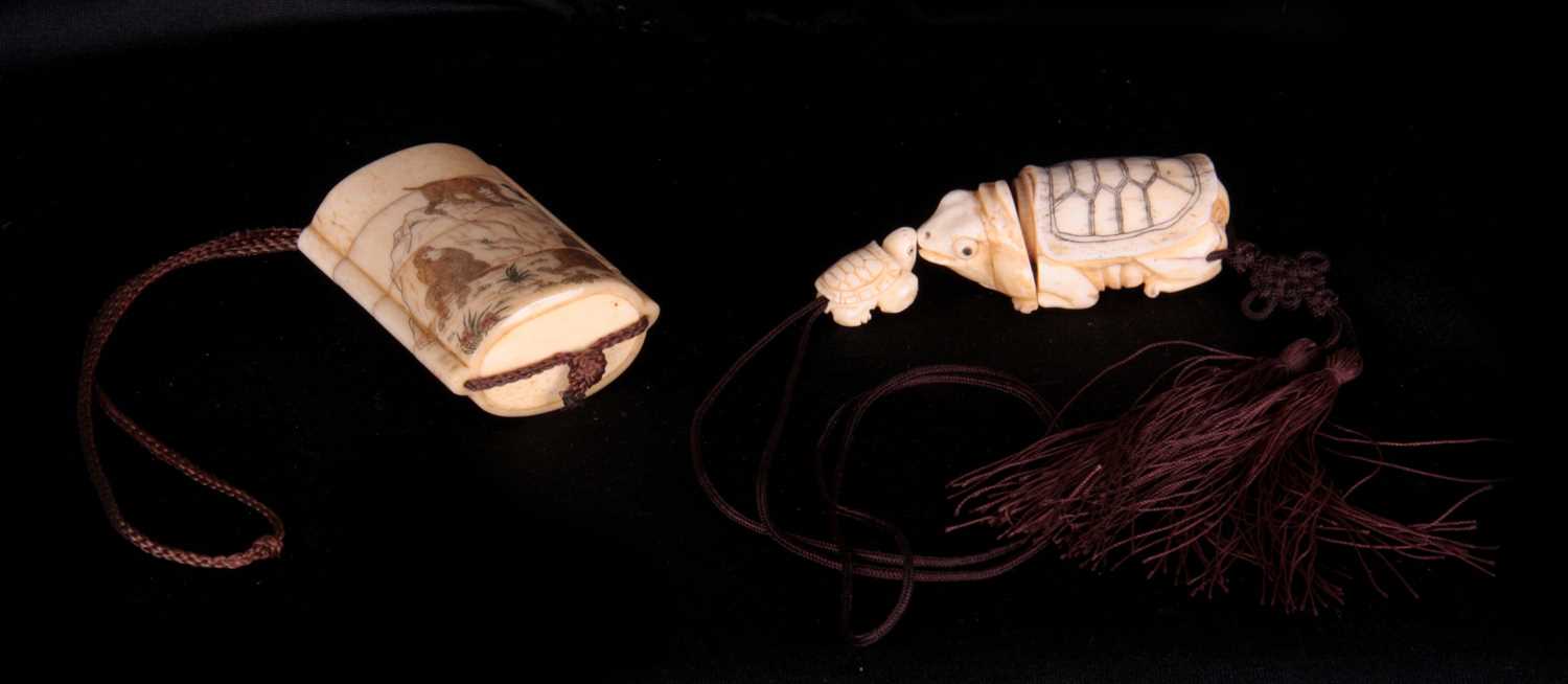 Lot 147 - A JAPANESE ENGRAVED BONE INRO decorated with
