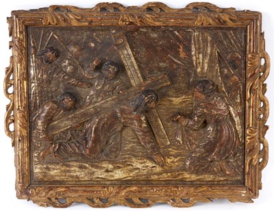 Lot 503 - A 17TH CENTURY GILT AND PAINTED CARVED...