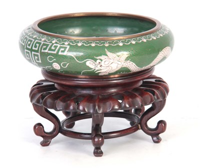 Lot 163 - A CHINESE CLOISONNE BOWL ON STAND the green...