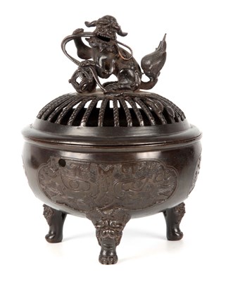 Lot 179 - A CHINESE BRONZE CENSER with pierced cover...