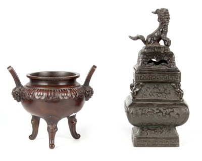 Lot 181 - A CHINESE BRONZE CENSER of square baluster...