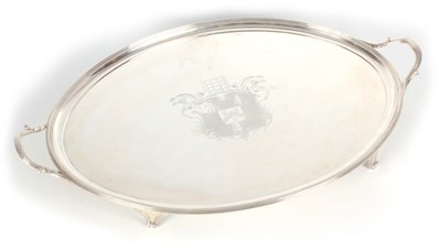 Lot 282 - A GEORGE III SILVER TWO HANDLED OVAL TRAY...