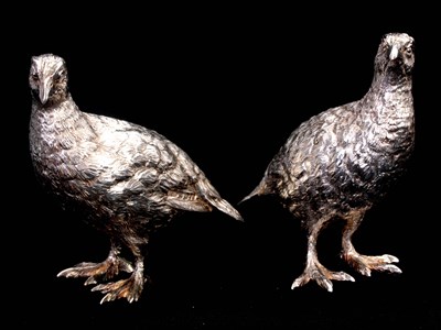 Lot 289 - A PAIR OF SILVER GROUSE SCULPTURES with well...