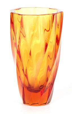Lot 33 - A SIGNED MOSER AMBER GLASS VASE of tapering...