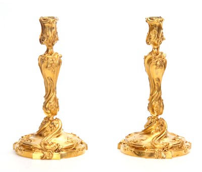 Lot 405 - A PAIR OF 18TH CENTURY GILT BRASS ROCOCO...