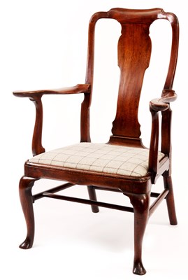 Lot 872 - A GEORGE I WALNUT OPEN ARMCHAIR with moulded...