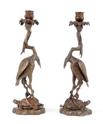 Lot 476 - A PAIR OF 20TH CENTURY BRONZE CANDLESTICKS...