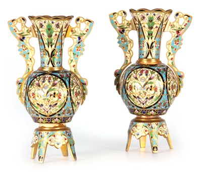 Lot 529 - A PAIR OF 19TH CENTURY CHAMPLEVE ENAMEL VASES...