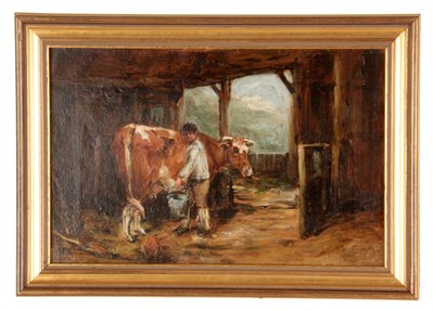 Lot 567 - JOHN EMMS 1843-1912 OIL ON CANVAS Barn scene...