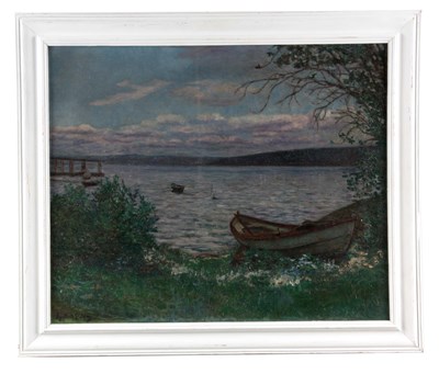 Lot 765 - SIGMUND SINDING 1875-1936 OIL ON CANVAS Boats...