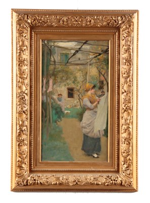 Lot 586 - R.Q. BAYLISS OIL ON CANVAS Continental garden...