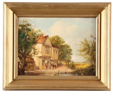 Lot 588 - OIL ON PANEL country inn scene with figures...