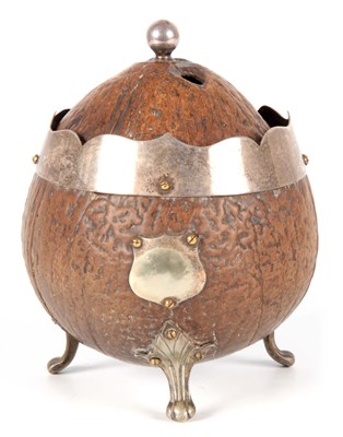 Lot 757 - A 19TH CENTURY COCONUT CADDY with silver metal...