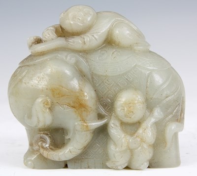 Lot 145 - A 18TH CENTURY CHINESE CARVED JADE ELEPHANT...