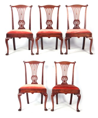 Lot 799 - A SET OF FIVE GEORGE II FIGURED MAHOGANY SIDE...