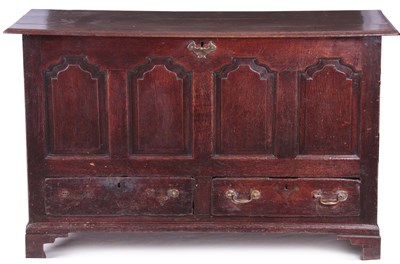 Lot 813 - A MID 18TH CENTURY OAK MULE CHEST with hinged...