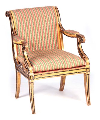 Lot 821 - A REGENCY GILT GESSO AND EBONISED UPHOLSTERED...