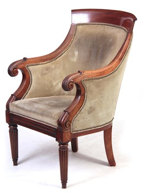 Lot 832 - A REGENCY MAHOGANY LIBRARY CHAIR with green...