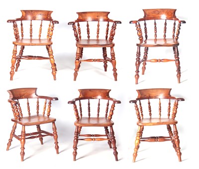 Lot 843 - A SET OF SIX YEWWOOD SMOKERS BOW ARMCHAIRS...