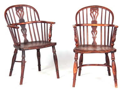 Lot 855 - A PAIR OF 19TH CENTURY YEW-WOOD LOW BACK...