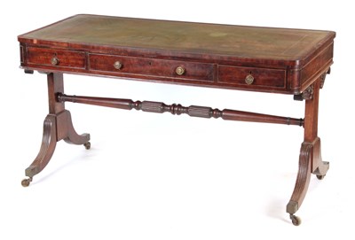 Lot 876 - A REGENCY MAHOGANY WRITING TABLE with green...