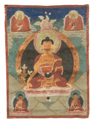 Lot 112 - A LARGE TIBETAN THANGKA PAINTING ON LINEN OF...