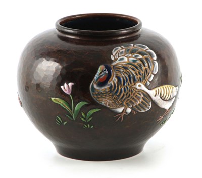 Lot 126 - A JAPANESE PATINATED BRONZE AND OVERLAY ENAMEL...