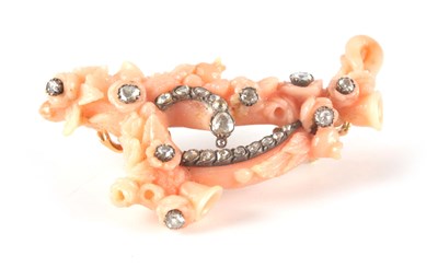 Lot 179 - A 19TH CENTURY CORAL AND DIAMOND SET BROOCH...