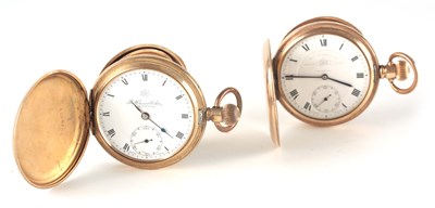 Lot 218 - TWO GOLD PLATED FULL HUNTER POCKET WATCHES...