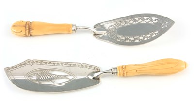 Lot 323 - TWO GEORGIAN SILVER AND IVORY FISH SLICES with...