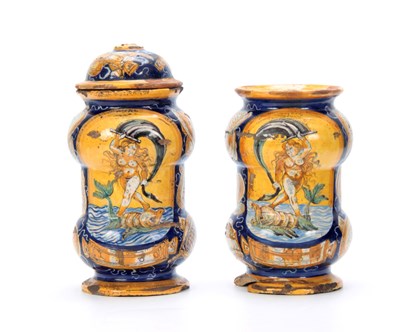 Lot 34 - A PAIR OF CASTEL DURANTE MAIOLICA ALBARELLI...