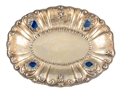 Lot 357 - A SILVERPLATE AND BLUE AGATE CONTINENTAL OVAL...