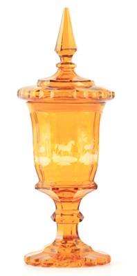 Lot 4 - A 19TH CENTURY BOHEMIAN AMBER GLASS VASE AND...