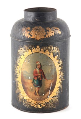 Lot 572 - A 19TH CENTURY BLACK TOLEWARE PAINTED TEA...