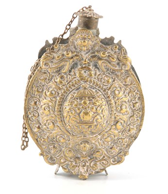 Lot 594 - A 19TH CENTURY ORTHODOX POWDER FLASK brass &...