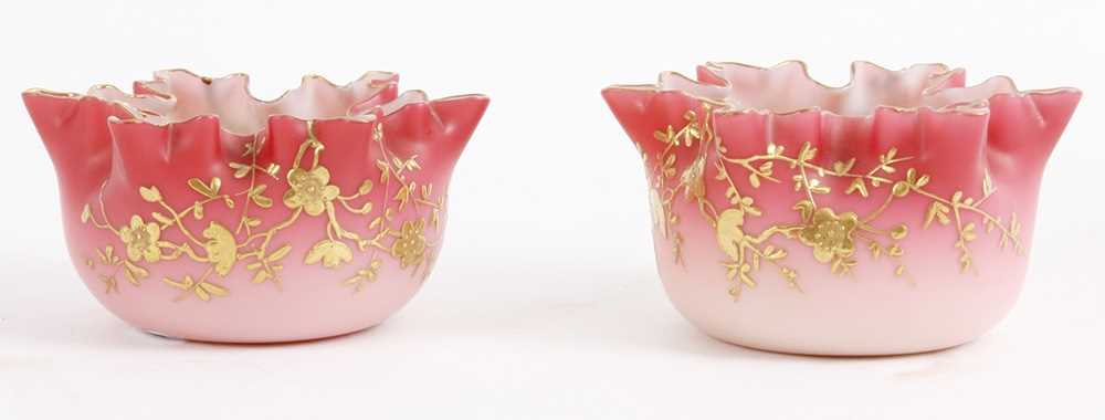 Lot 5 - A PAIR OF 19TH CENTURY DEEP SHADED PINK OPAQUE...