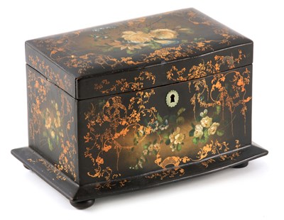 Lot 855 - A 19TH CENTURY PAPIER MACHE TEA CADDY...