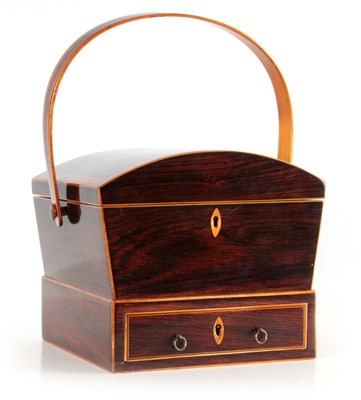 Lot 857 - A REGENCY ROSEWOOD AND BOXWOOD SEWING BOX with...