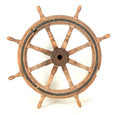 Lot 896 - A 19TH CENTURY BRASS BOUND OAK SHIP'S WHEEL...