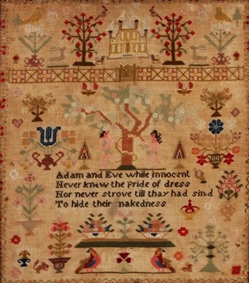 Lot 320 - A 19th CENTURY WOOL WORK ADAM AND EVE SAMPLER...