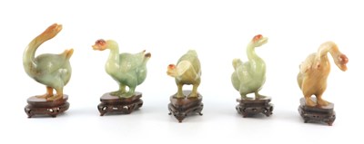 Lot 93 - A SET OF FIVE CHINESE GREEN JADE GEESE...