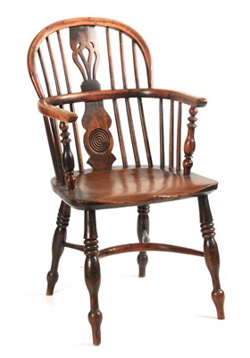 Lot 1026 - A 19TH CENTURY YEW-WOOD WINDSOR ARMCHAIR the...